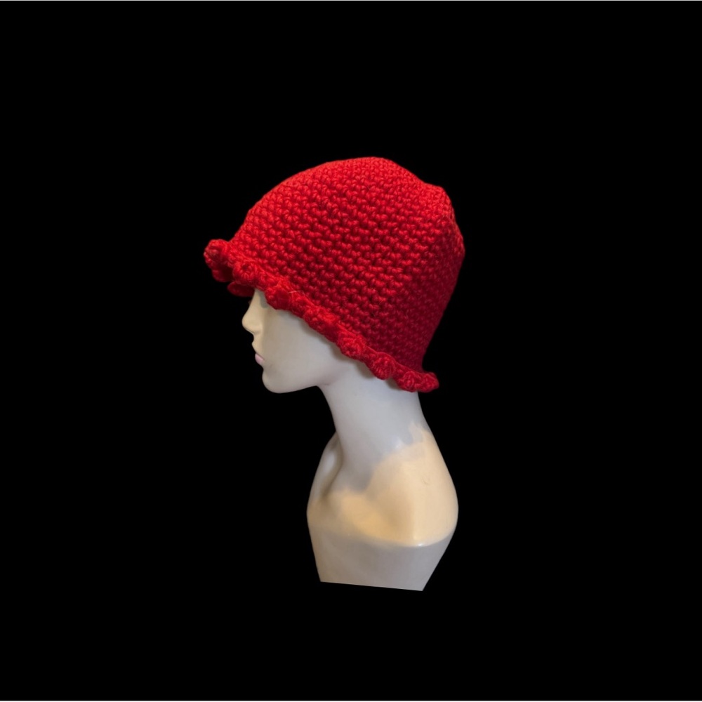 Ready To Ship- Red Crochet Bucket Hat Scalloped Edges Women Size Medium-Handmade